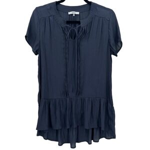 RO & DE Semi Sheer Navy‎ Blue Peplum Blouse Short Sleeve Tie Neck Top Sz Medium